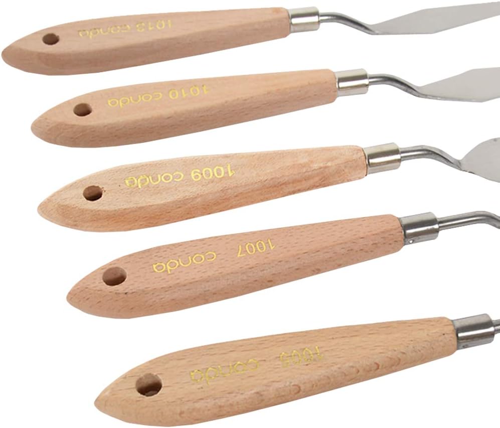 CONDA Palette Knife Painting Stainless Steel Spatula Palette Knife Oil Paint Metal Knives Wood Handle (Red 5 Piece)