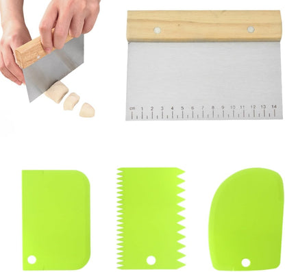 4 PCS Bench Scraper, Scraper Food Tool,Dough Scraper and Pastry Cutter With Scale,Food Chopper Baking Supplies Kitchen Gadgets (Brown)