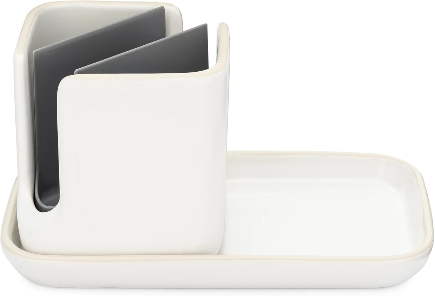 Full Circle Stash, Ceramic Kitchen Sink Caddy, Stylish Sponge Holder & Dish Brush Organizer, Easy to Clean, Dishwasher Safe, Rustproof, White and Gray