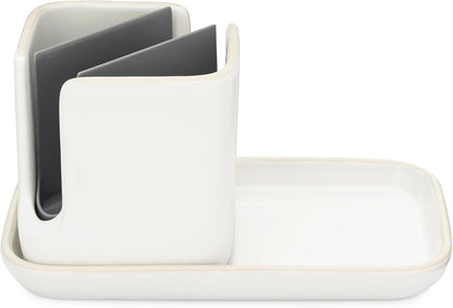 Full Circle Stash, Ceramic Kitchen Sink Caddy, Stylish Sponge Holder & Dish Brush Organizer, Easy to Clean, Dishwasher Safe, Rustproof, White and Gray