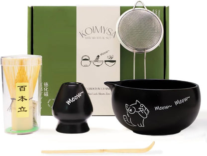 Matcha Whisk Set, 5 Pcs Traditional Japanese Matcha Whisk Preparation Kit, White Glossy Ceramic Bowl with Black Cat and Strawberry Pattern