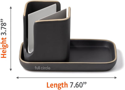 Full Circle Stash, Ceramic Kitchen Sink Caddy, Stylish Sponge Holder & Dish Brush Organizer, Easy to Clean, Dishwasher Safe, Rustproof, White and Gray