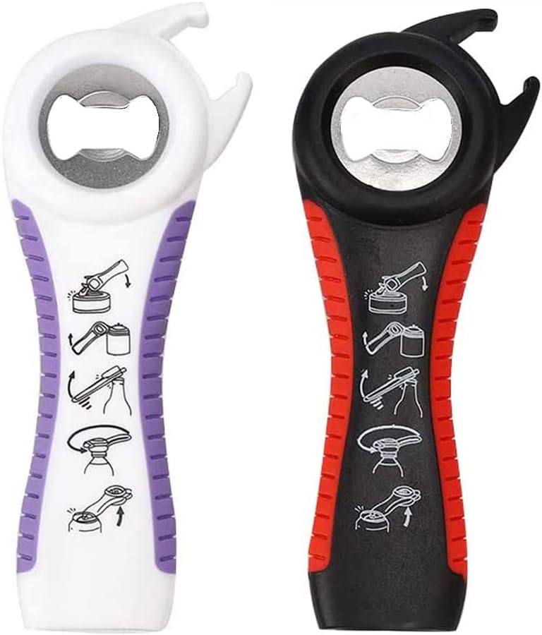 2 pack 5-in-1 Multi Function Plastic Grip Bottle Opener- Easily Opens Twist Caps, Bottle Caps, Canning Lids and Can Tabs (White)