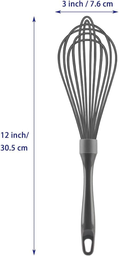 OYV Dishwasher Safe Whisk, Professional Whisks for Cooking Non-Scratch, Stainless Steel & Silicone Wisk, Plastic Rubber Whisk Tool for Nonstick Cookware Pans, Heat Resistant,12-Inch, Grey