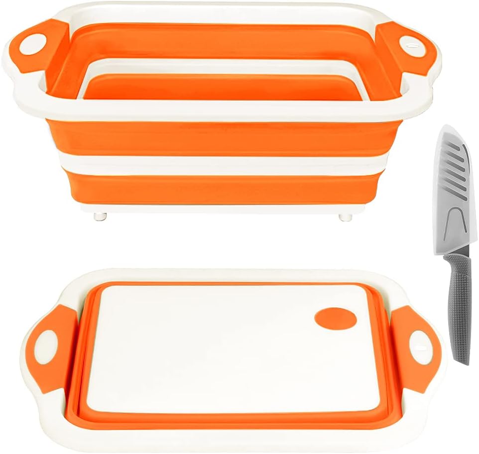 Collapsible Cutting Board, Foldable Chopping Board with Colander, Multifunctional Kitchen Vegetable Washing Basket Silicone Dish Tub for BBQ Prep/Picnic/Camping(Light Blue)