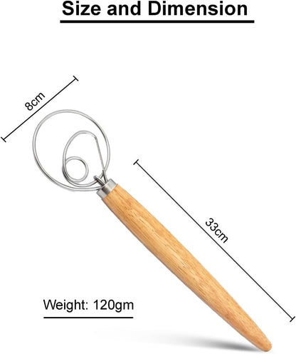 33cm Danish Dough Whisk Stainless Steel – Heavy Duty Bread Dough Mixer Tool with Wooden Handle for Baking Pizza, Sourdough, Cookies & Pastry – Easy to Clean & Rust Resistant