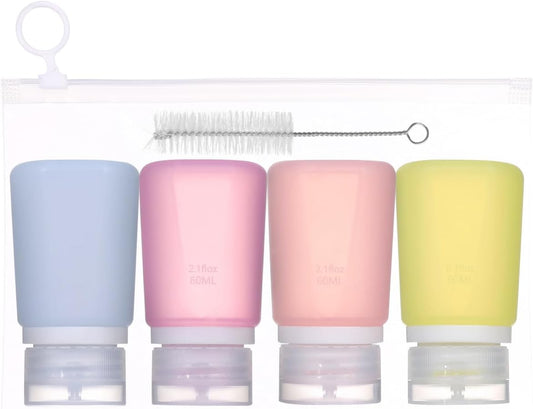 4 Pieces Condiment Squeeze Bottles for Sauces, 60ml/2Oz Silicone Condiment Containers with Lids Leakproof Salad Dressing Container with Reusable Sandwich Bag, Brush (purple pink blue yellow)