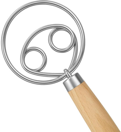 O'Creme Danish Dough Whisk Set of 2 Two Eyes Stainless Steel Bread Mixer with Wooden Handle - Sourdough Whisk for Baking Dough, Pizza, Pastries - Food-Grade, Dishwasher Safe