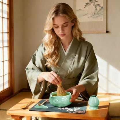 Matcha Whisk Set, Ceramic Matcha Set with Bowl, Chasen Holder, Scoop Rest, Sifter, 8-Pcs Japanese Ceremony Matcha Kit–Matcha Lovers Gift for Women Mom Girl Friend-Matcha Green