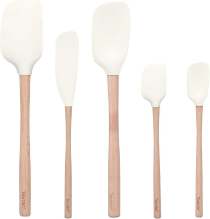 Tovolo Silicone Spatula with Wooden Handle Set of 5 Piece Silicone Kitchen Utensil Set Spoonula Jar Scraper Mini Spatula and Spoonula for Cooking Baking Mixing Folding Black Cookware Set