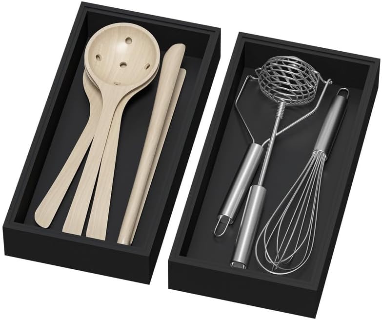 Lixple Bamboo Drawer Organizer, Narrow Stackable Cutlery Tray for Kitchen, 2 Pcs Silverware & Utensil Box, 12" x 3" x 2" (Outer), 11.3" x 2.3" x 1.77" (Inner)