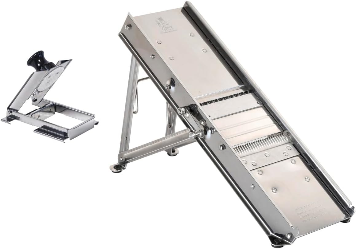 Bron Coucke – Professional Stainless Steel Mandoline with Protective Carriage – 2 Integrated Cutting Blade Units (3 mm & 10 mm) – Smooth & Corrugated Blades – Adjustable – Multi-Function