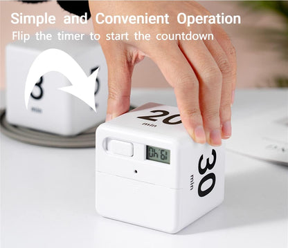 Feilifan Cube Timer, Productivity Cube Rotating Timer for Kitchen Studying Workout Classroom Kids ADHD 1-3-5-10 Minute Preset, White