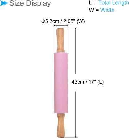 Silicone Rolling Pins, 17" Length, Silicone & Oak Non-Stick Ergonomic Wooden Handle Fondant Dough Roller Pink - (Applications: for Baking DIY Projects)