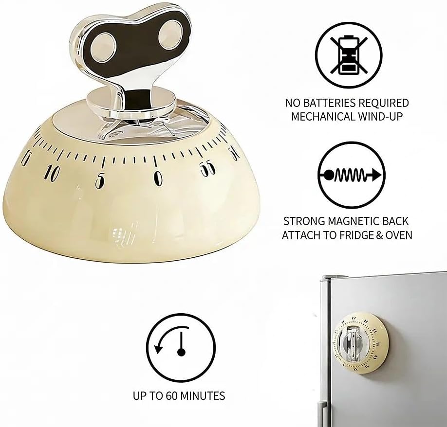 Retro Kitchen Timer Magnetic Mechanical 60 Minute Wind Up Timer No Batteries, Loud Alarm Timer for Cooking, Baking, Classroom, ABS Portable Kitchen Timer, Magnetic Mechanical Timing(White)