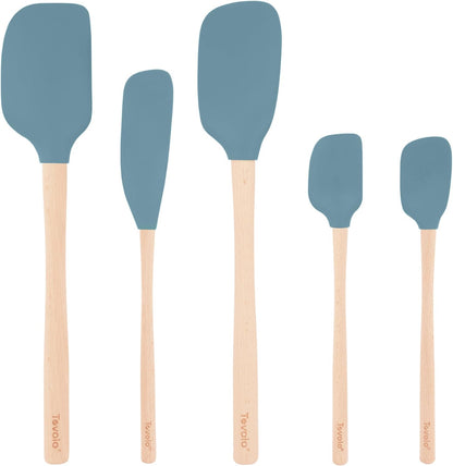 Tovolo Silicone Spatula with Wooden Handle Set of 5 Piece Silicone Kitchen Utensil Set Spoonula Jar Scraper Mini Spatula and Spoonula for Cooking Baking Mixing Folding Deep Indigo