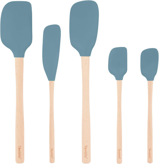 Tovolo Silicone Spatula with Wooden Handle Set of 5 Piece Silicone Kitchen Utensil Set Spoonula Jar Scraper Mini Spatula and Spoonula for Cooking Baking Mixing Folding Deep Indigo