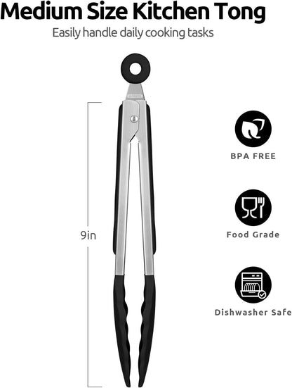 600ºF Heat Resistant Kitchen Tongs: U-Taste 9 inch Silicone Cooking Tong with Firm Sealed Non Stick Rubber Tips & Silicon Coated 18/8 Stainless Steel Handle & Smooth Locking for Serving Salad (Black)