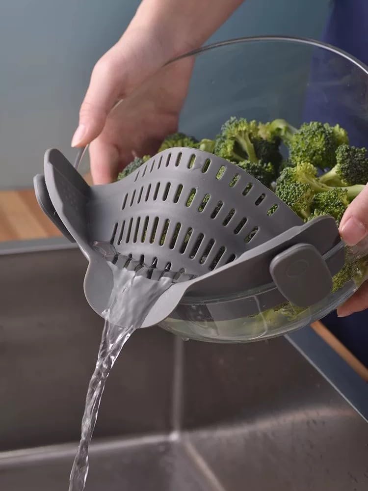 Kitchen Silicone Strainer, Silicone Pasta Strainer Clip-On for Pots and Pans - Heat Resistant Colander for Vegetables and Noodles - Kitchen Gadgets for Cooking - Space-Saving Design - Gray