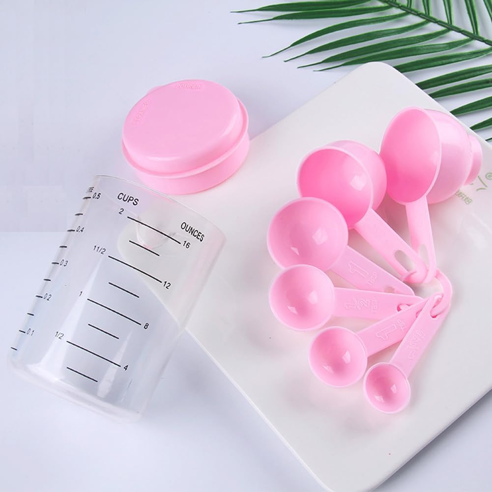 14Pcs/2 Sets Plastic Measuring Cups and Spoons Multipurpose 6 Sizes Measuring Spoons & Measuring Mixing Cups Kitchen Gadgets for Cooking Baking Lab Use, Pink