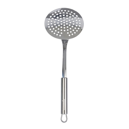 Restaurantware Stainless Steel Skimmer Spoon - German Standard Spoon Spider Strainer, Ergonomic Handle, Dishwasher Safe, Heat Resistant - Slotted Skimmer Colander for Cooking, Frying