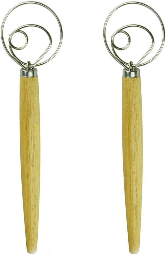Danish Dough Whisk 13.5” Dough Whisk Stainless Steel Dutch Style Bread Whisk Wooden Handle Danish Whisk for Bread, Batter, Cake, Pastry. Great alternatives to a blender, mixer or hook（2 Pack）
