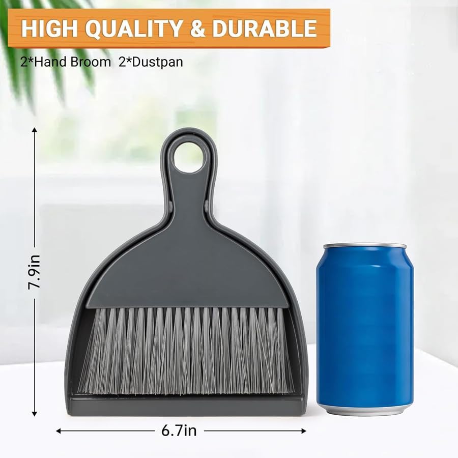 THINKLEARN 2PCS Small Broom and Dustpan Set, Mini Dust Pan and Brush, Hand Whisk for Pets, Kids, Desk, Home, Camping, Green Cleaning Supplies