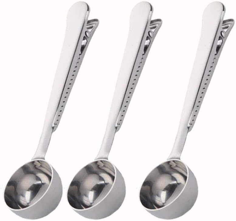 3 PCS Coffee Scoop with Clip 2 in 1 Stainless Steel 1 tbsp Ground Measuring Spoon with Bag Clip for Coffee Tea