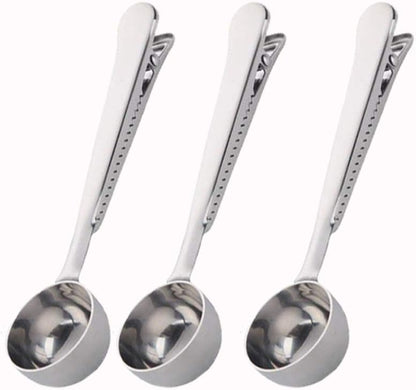 3 PCS Coffee Scoop with Clip 2 in 1 Stainless Steel 1 tbsp Ground Measuring Spoon with Bag Clip for Coffee Tea
