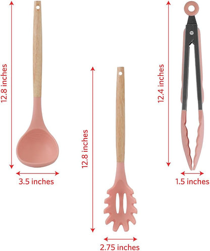 Glad Silicone Kitchen Utensils Set, 8pcs - Nonstick Cooking Tools with Wooden Handles and Utensil Holder - Spatula Set with Turner, Ladle, Spoons, Tongs, and Spaghetti Server - Beige