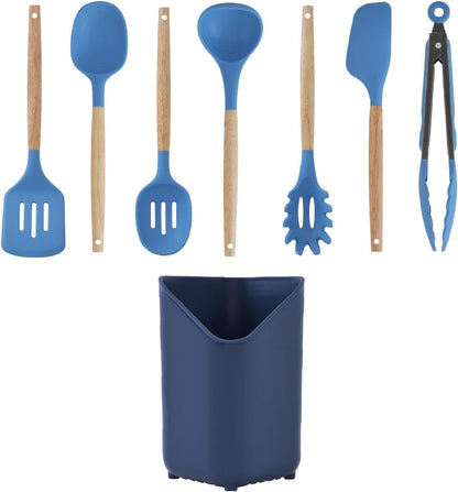 Glad Silicone Kitchen Utensils Set, 8pcs - Nonstick Cooking Tools with Wooden Handles and Utensil Holder - Spatula Set with Turner, Ladle, Spoons, Tongs, and Spaghetti Server - Beige