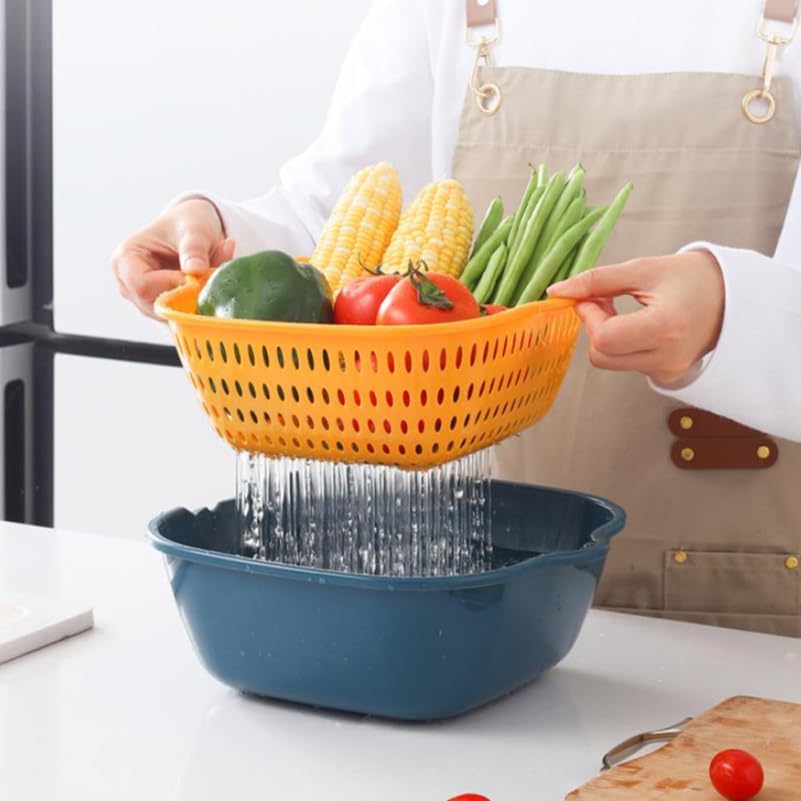 Kitchen Draining Basket Set 6Pcs Double-Layer Fruit Washing Basin and Vegetable Holder Stackable Colanders over Sink Drainer 10.23X9.44X3.93In