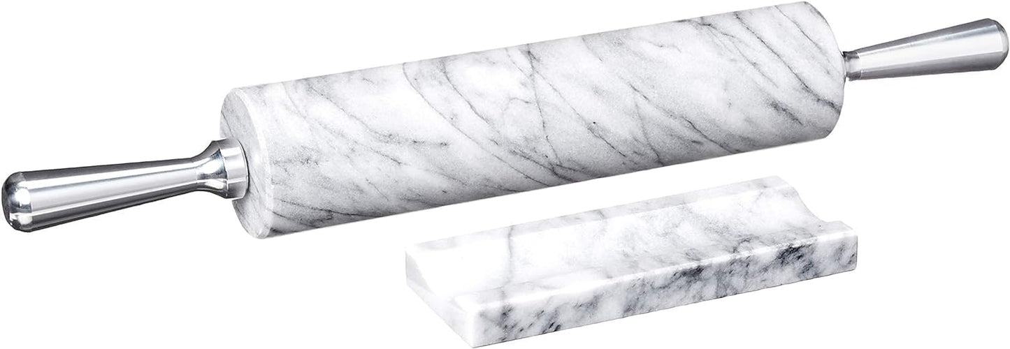 Fox Run Polished Marble Rolling Pin with Wooden Cradle, 10-Inch Barrel, White