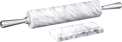 Fox Run Polished Marble Rolling Pin with Wooden Cradle, 10-Inch Barrel, White