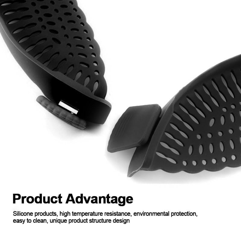 Clip On Strainer Silicone for all Pots and Pans, Silicone Strainer for Pasta and Food Colander for Meat Vegetables Fruit Silicone Kitchen Colander-Black