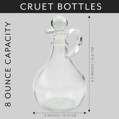Glass Oil and Vinegar Cruets (Set of 2); 8oz Round Oil Dispensers / Salad Dressing Bottles with Stoppers