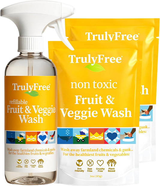 Truly Free Fruit and Vegetable Wash - Veggie Wash Removes 99% of Dirt & Wax | Plant-Based Produce Cleaner Spray | No Aftertaste, Refillable, Made in USA | Fragrance-Free, 16oz