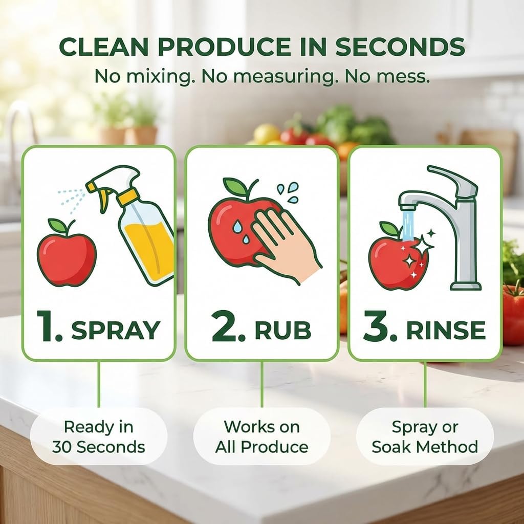 Truly Free Fruit and Vegetable Wash - Veggie Wash Removes 99% of Dirt & Wax | Plant-Based Produce Cleaner Spray | No Aftertaste, Refillable, Made in USA | Fragrance-Free, 16oz