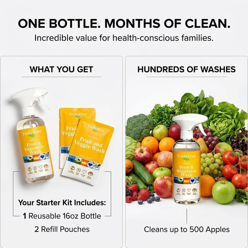 Truly Free Fruit and Vegetable Wash - Veggie Wash Removes 99% of Dirt & Wax | Plant-Based Produce Cleaner Spray | No Aftertaste, Refillable, Made in USA | Fragrance-Free, 16oz