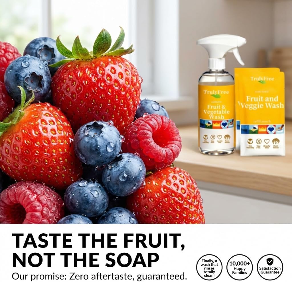 Truly Free Fruit and Vegetable Wash - Veggie Wash Removes 99% of Dirt & Wax | Plant-Based Produce Cleaner Spray | No Aftertaste, Refillable, Made in USA | Fragrance-Free, 16oz
