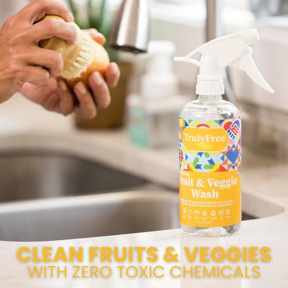 Truly Free Fruit and Vegetable Wash - Veggie Wash Removes 99% of Dirt & Wax | Plant-Based Produce Cleaner Spray | No Aftertaste, Refillable, Made in USA | Fragrance-Free, 16oz