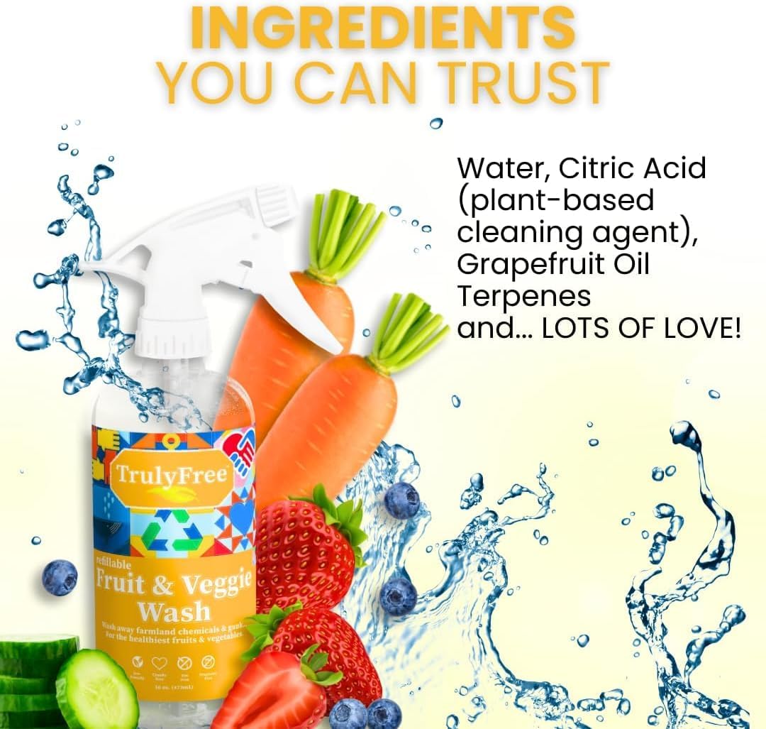 Truly Free Fruit and Vegetable Wash - Veggie Wash Removes 99% of Dirt & Wax | Plant-Based Produce Cleaner Spray | No Aftertaste, Refillable, Made in USA | Fragrance-Free, 16oz