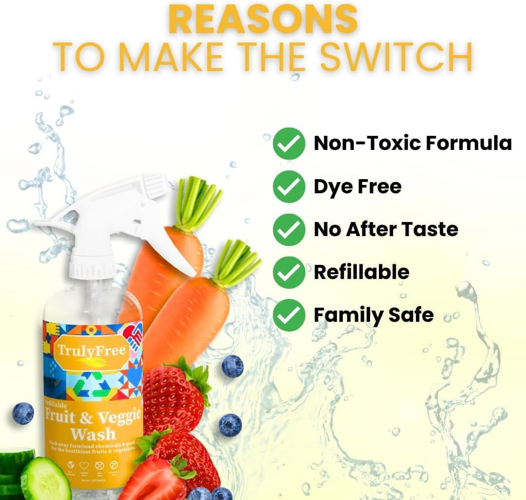 Truly Free Fruit and Vegetable Wash - Veggie Wash Removes 99% of Dirt & Wax | Plant-Based Produce Cleaner Spray | No Aftertaste, Refillable, Made in USA | Fragrance-Free, 16oz
