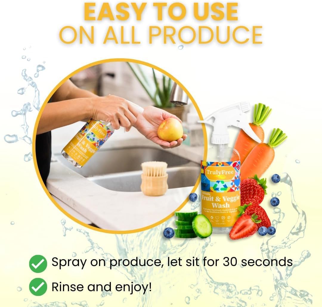 Truly Free Fruit and Vegetable Wash - Veggie Wash Removes 99% of Dirt & Wax | Plant-Based Produce Cleaner Spray | No Aftertaste, Refillable, Made in USA | Fragrance-Free, 16oz