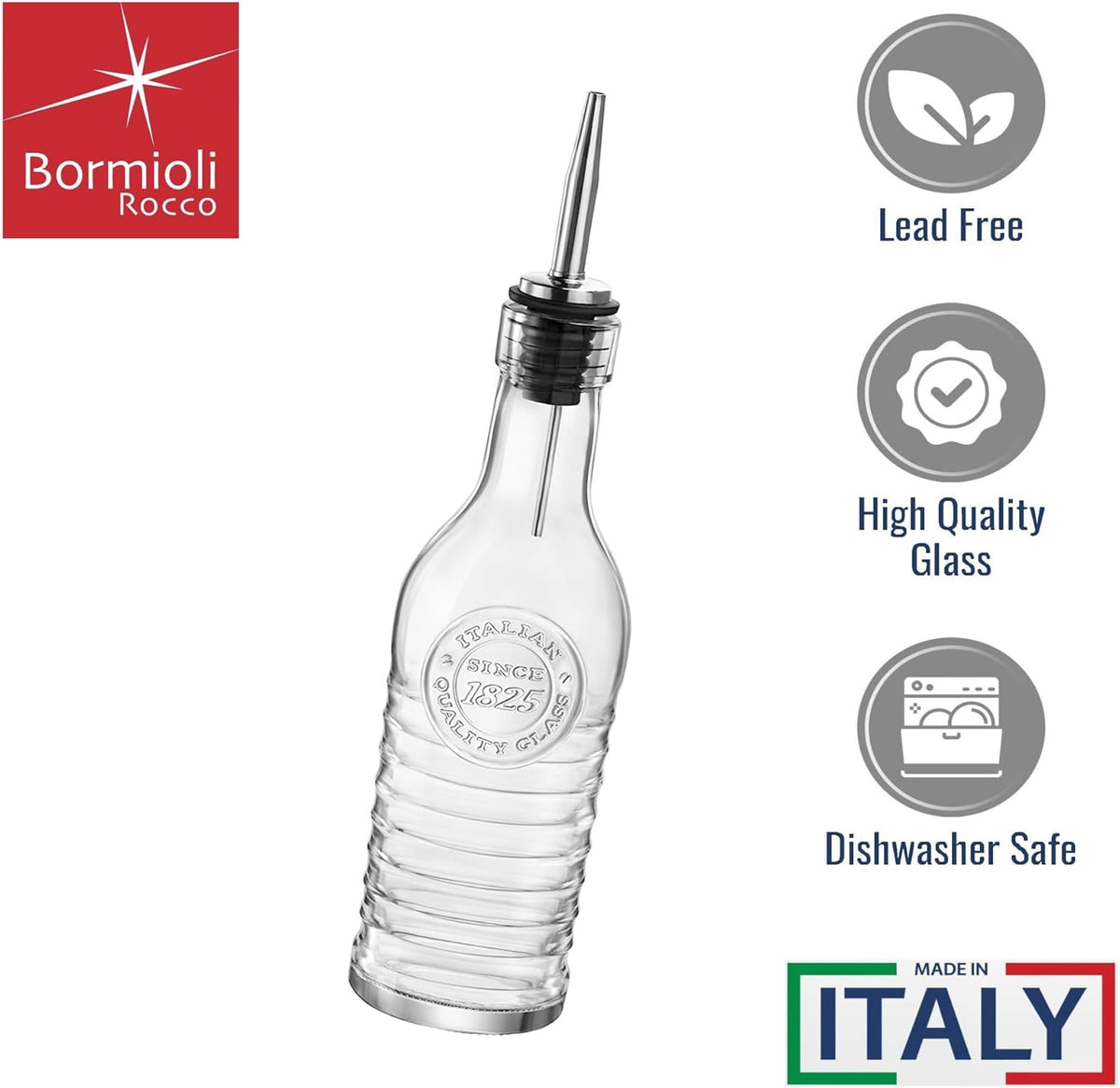 Officina 1825 Olive Oil/Vinegar Glass Bottles Stainless Steel Pouring Spout 268 ml (Pack of 2)
