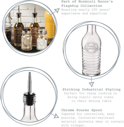 Officina 1825 Olive Oil/Vinegar Glass Bottles Stainless Steel Pouring Spout 268 ml (Pack of 2)