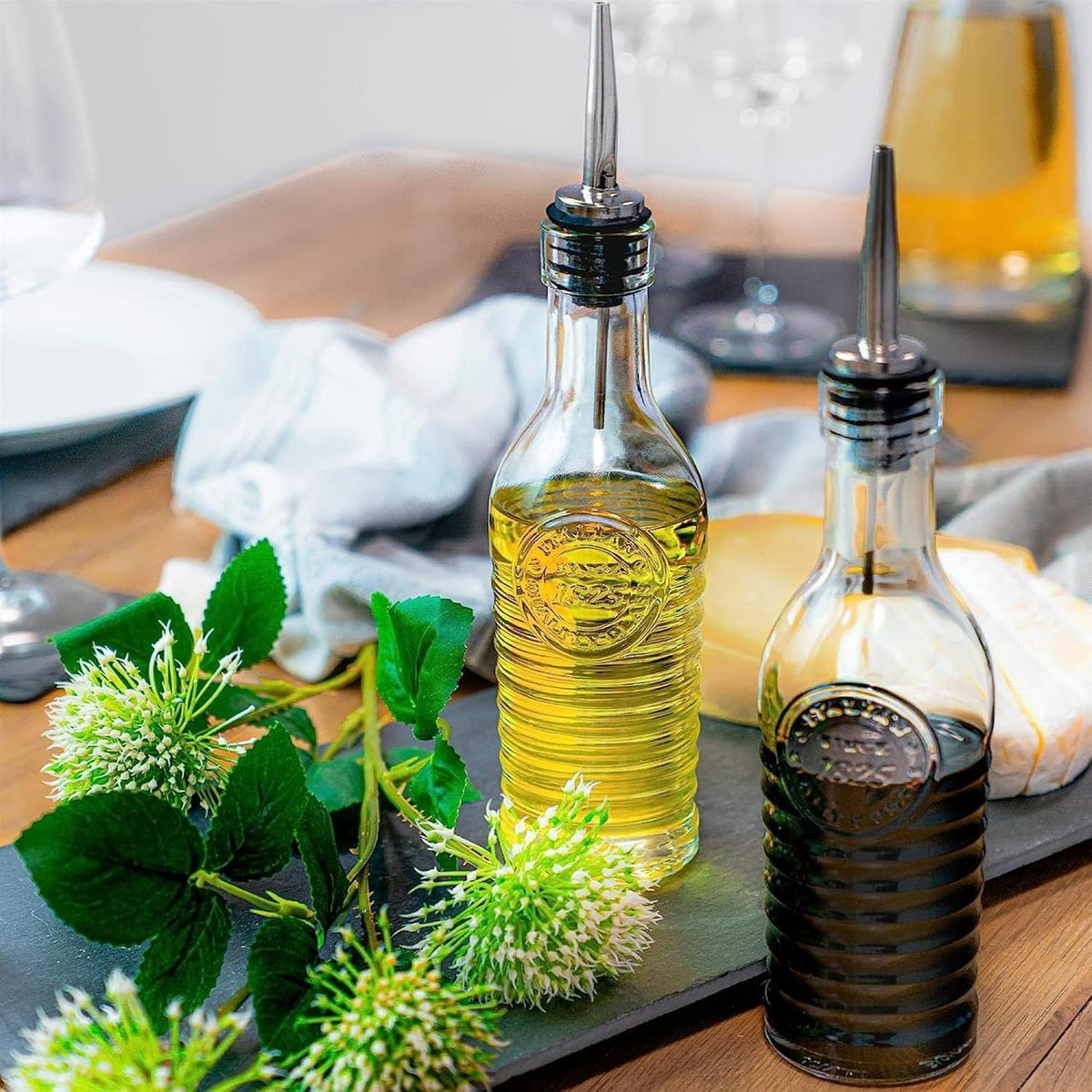 Officina 1825 Olive Oil/Vinegar Glass Bottles Stainless Steel Pouring Spout 268 ml (Pack of 2)