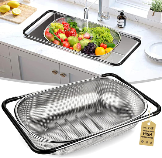 Stainless Steel Over the Sink Colander Strainer Basket 6 Quart | Fine Mesh Colander with Expandable Anti-slip Rubber Grip Handles, Kitchen Vegetable Strainer for Drain Pasta, Rinse Fruits