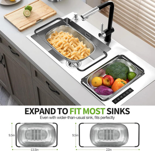 Stainless Steel Over the Sink Colander Strainer Basket 6 Quart | Fine Mesh Colander with Expandable Anti-slip Rubber Grip Handles, Kitchen Vegetable Strainer for Drain Pasta, Rinse Fruits