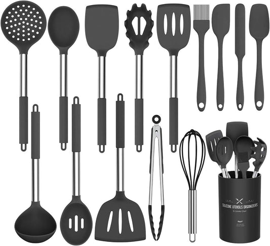 Silicone Cooking Utensil Set, 15pcs Silicone Cooking Kitchen Utensils Set, Non-stick - Best Kitchen Cookware with Stainless Steel Handle - Black Kitchen Utensils